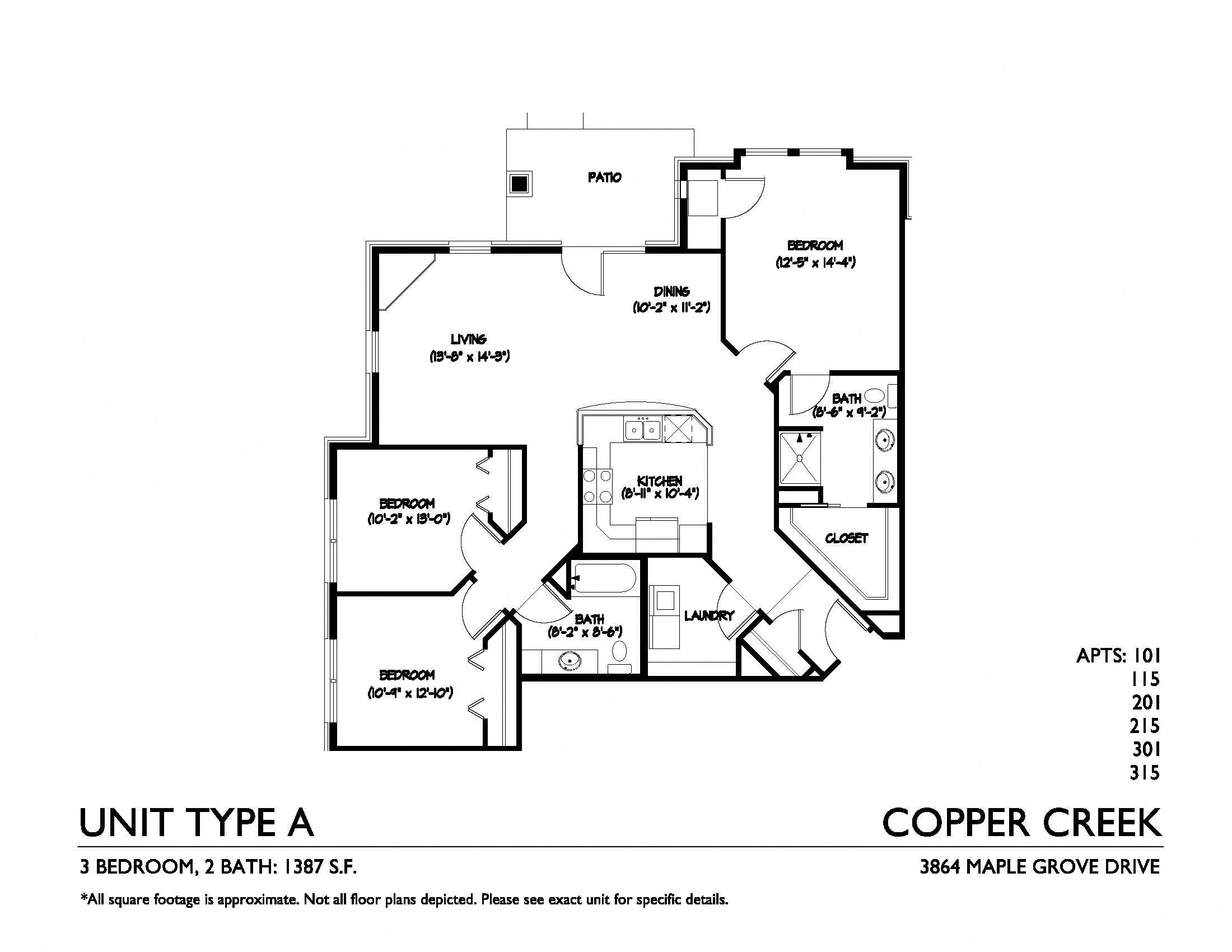 Floor plan for 3 beds, 2 baths, 1387 sqft